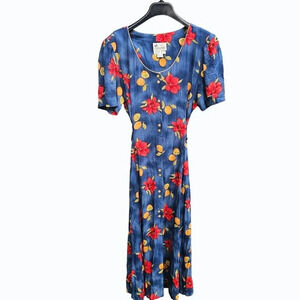 Vtg 80s 90s Short Sleeve Floral / Fruit  Midi Dress Button Front  Canada Sz 16